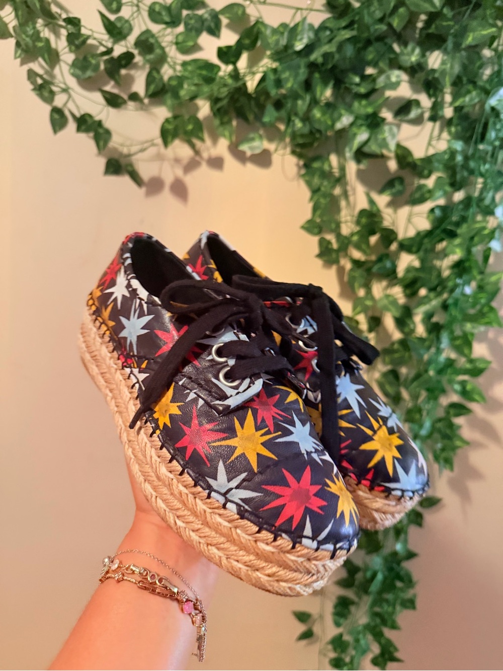 Alice + Olivia Black Star-Print Espadrille Sneakers with Multicolor Stars